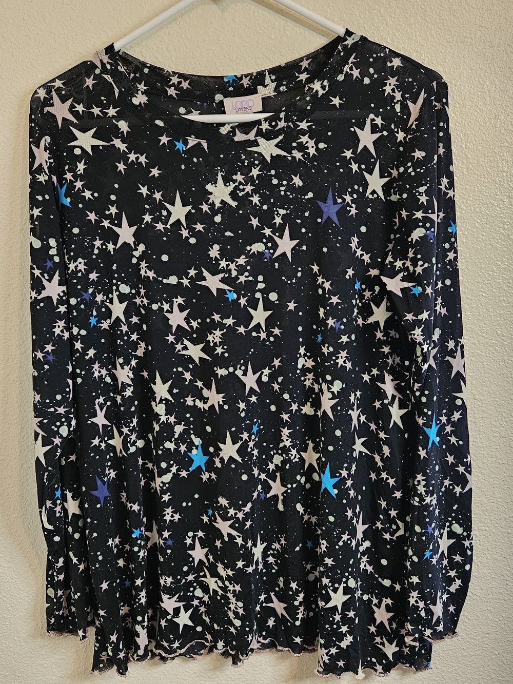 LOGO by Lori Goldstein Celestial Print On Sheer Mesh Long Sleeve Top